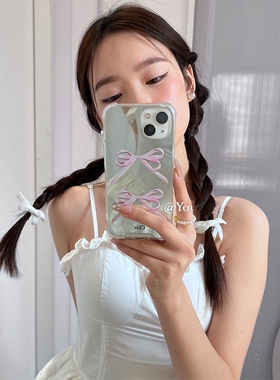 补妆镜面蝴蝶结适用14pro创意iphone11高级苹果13promax手机壳12甜美8女76plus套SE2/3/14plus全包XR新款防摔
