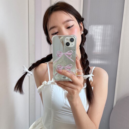 补妆镜面蝴蝶结适用14pro创意iphone11高级苹果13promax手机壳12甜美8女76plus套SE2/3/14plus全包XR新款防摔