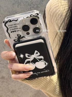 黑色樱桃磁吸卡套适用iPhone16pro苹果15promax手机壳13/12mini大孔11皮革卡包iX暗黑XR/14plus女SE/678PLUS