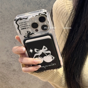 678PLUS 14plus女SE 黑色樱桃磁吸卡套适用iPhone16pro苹果15promax手机壳13 12mini大孔11皮革卡包iX暗黑XR