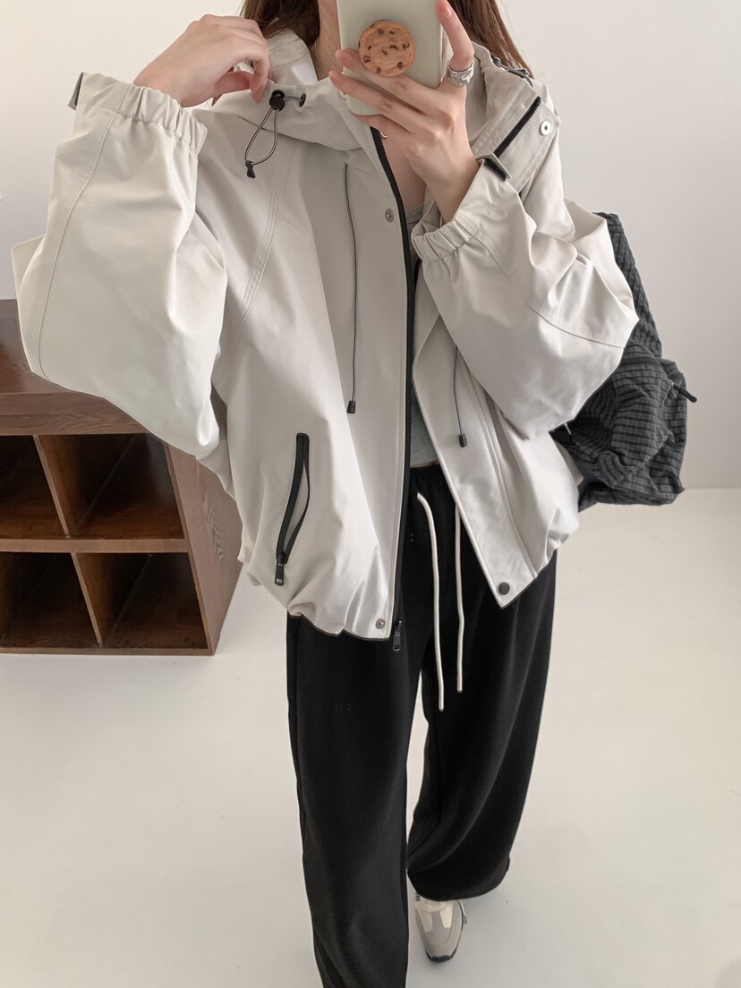 高货推荐~美式复古基础款插肩双色抽绳冲锋衣女士宽松款显瘦外套