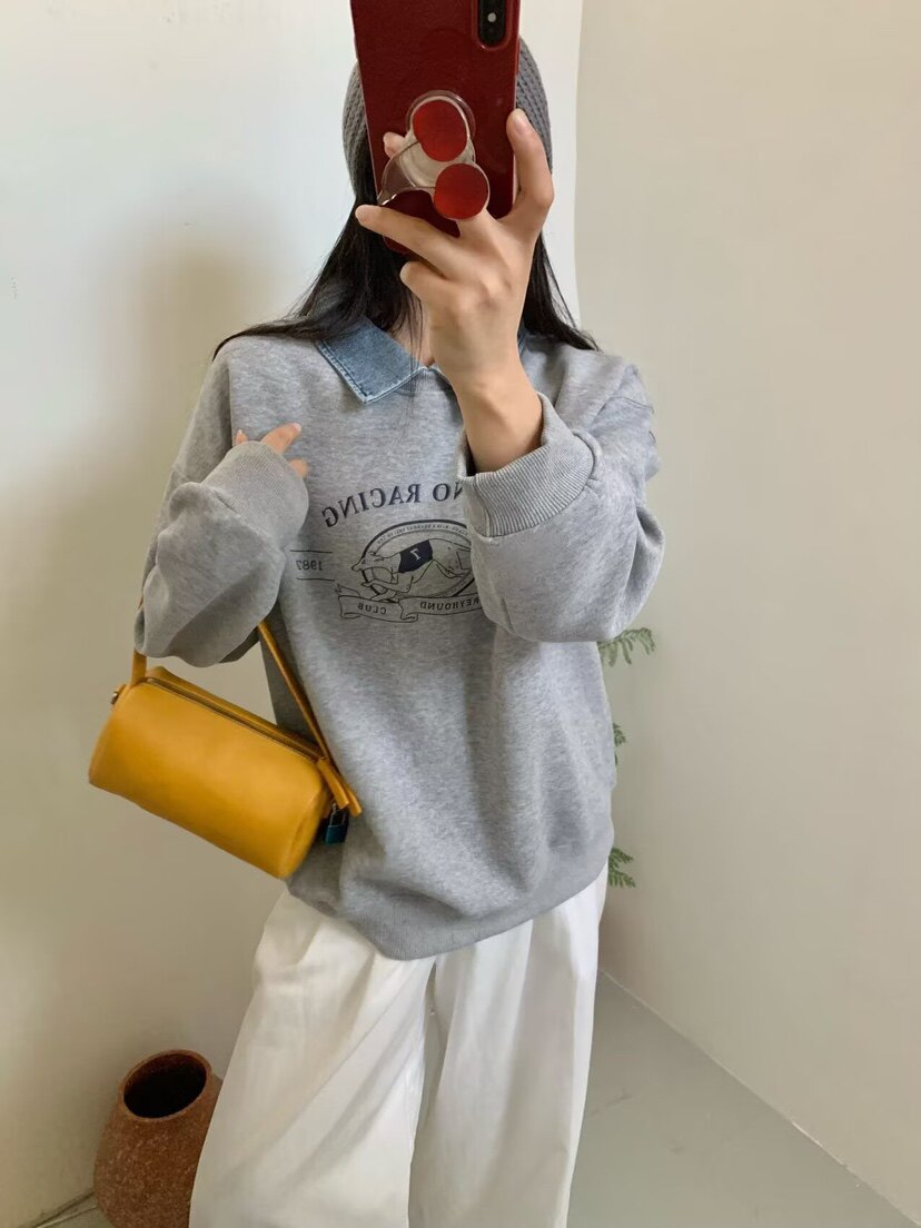 灰色拼接假两件牛仔翻领字母印花美式卫衣女春秋薄款慵懒风上衣潮