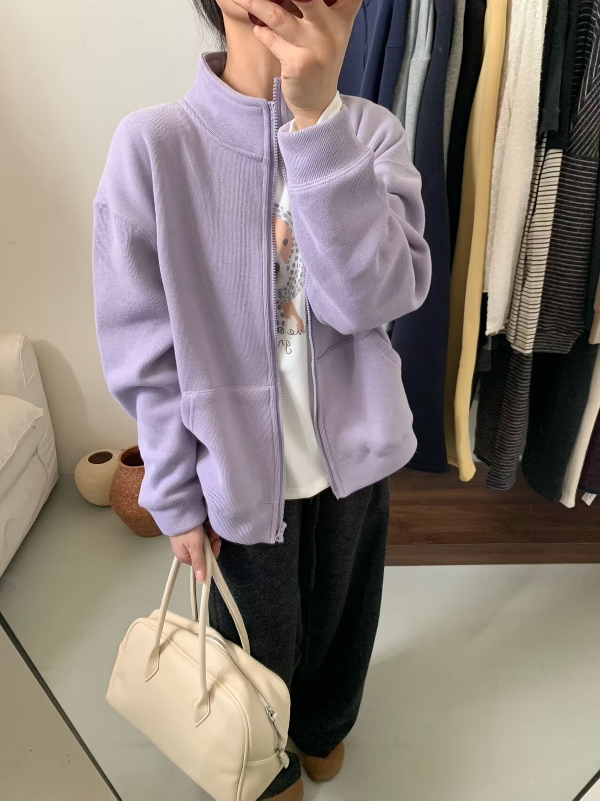 显白减龄紫色立领外套棒球服女宽松加绒加厚拉链卫衣外套潮