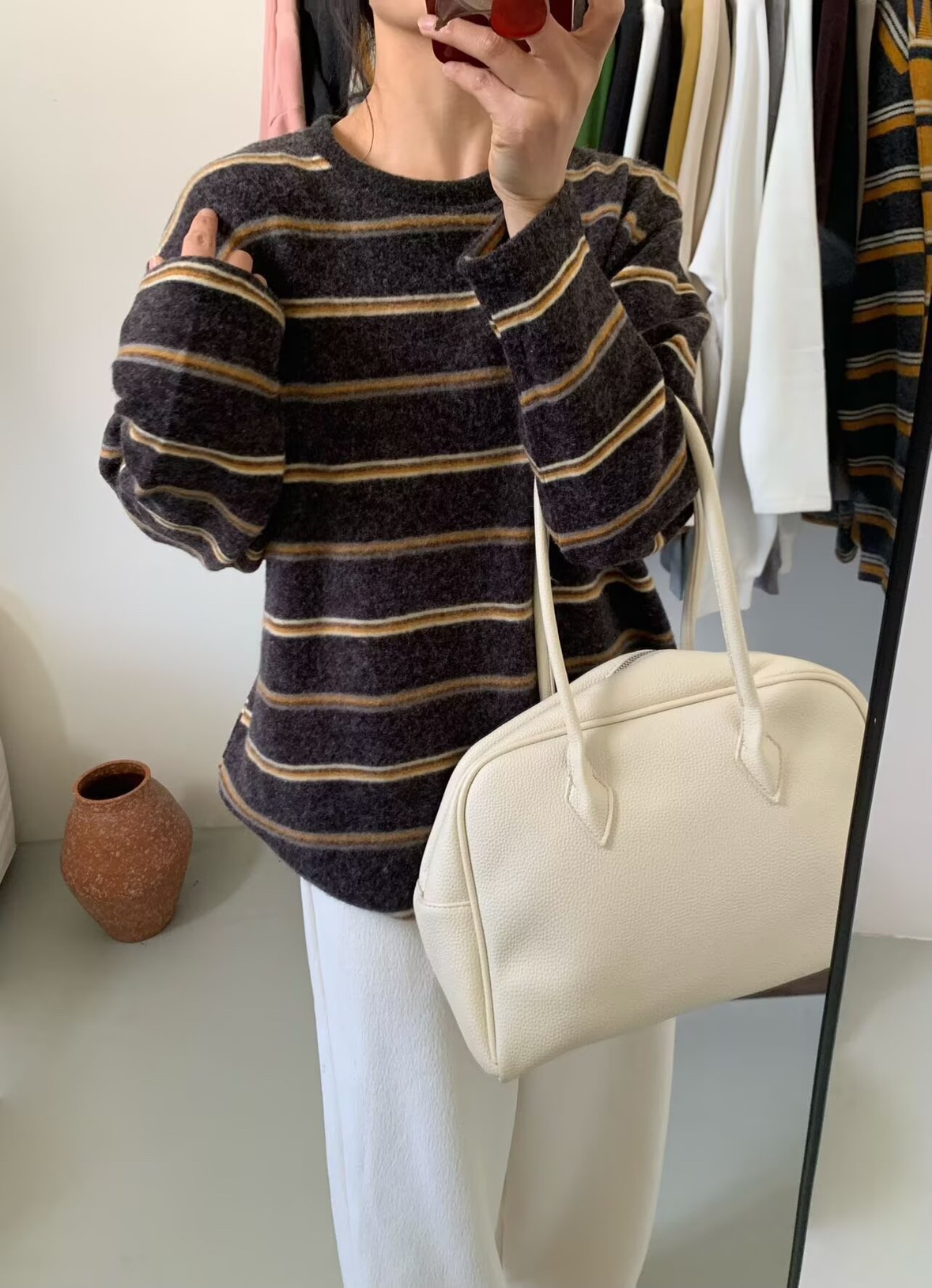 毛茸茸暖奢慵懒！黄细条纹兔毛绒打底衫女秋冬磨毛加厚圆领T恤