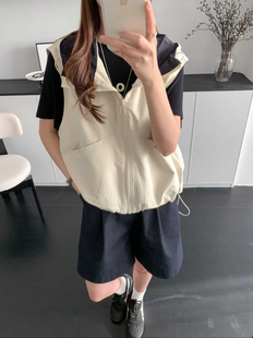 休闲撞色连帽拉链马甲女春季宽松百搭无袖外套