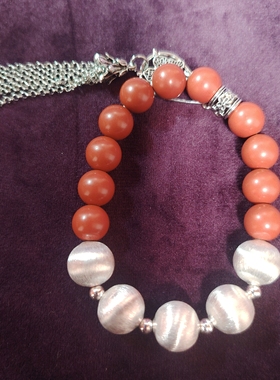 意大利中古定制拉丝银珠天然南红克家银流苏手链