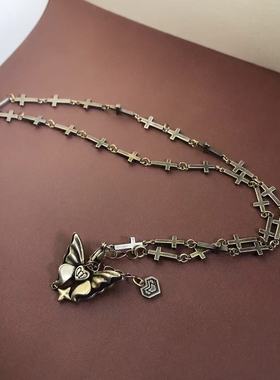 向卉意大利中古925银十字架蝴蝶项链