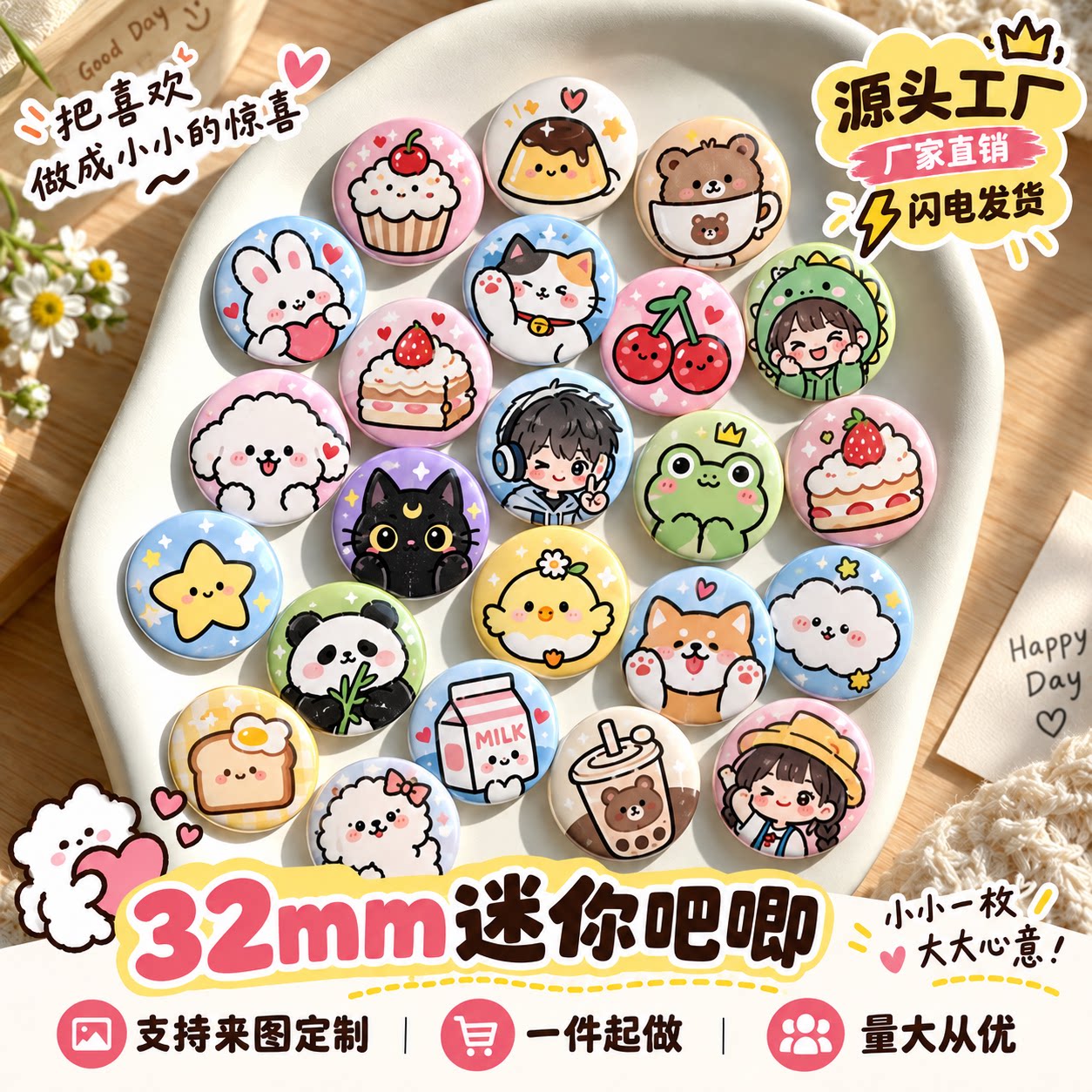 32mm迷你双闪吧唧来图定制徽章马图片
