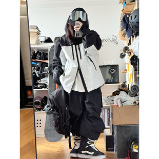 雪否黑白色3L防水防风耐磨滑雪外套oversize单板滑雪服加绒厚男女