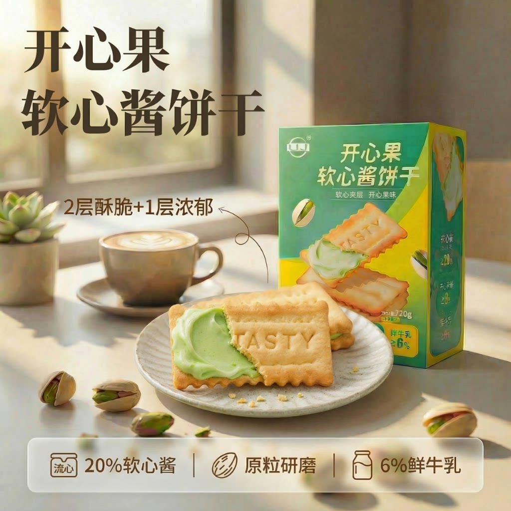 开心果软心酱饼干20%流心夹心酥脆爆浆网红下午茶办公室休闲零食