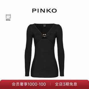 PINKO女士通勤搭扣紧身V领长袖 上衣101846A15S 镂空设计针织衫