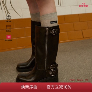 PINKO女士通勤复古搭扣设计做旧风侧拉链高筒靴SD0153P056Z