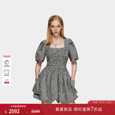 PINKO女士2026年夏季新款方领泡泡袖法式收腰连衣裙PAF26170320