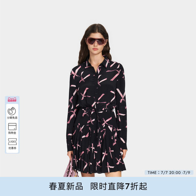 PINKO女士2026年夏季新款蝴蝶结印花衬衫长袖连衣裙PEAF26170606