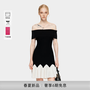 PINKO女士2026年春季新款一字肩波浪边紧身A摆连衣裙PAF26123842