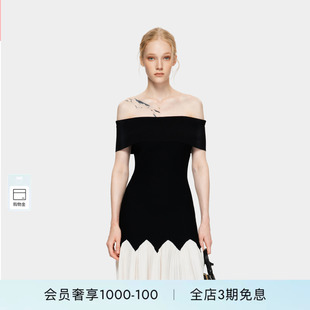 PINKO女士2026年春季新款一字肩波浪边紧身A摆连衣裙PAF26123842
