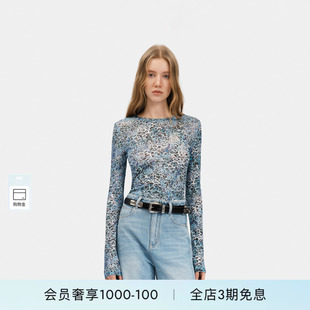 PINKO女士2026年秋季新款蓝调豹纹印花网纱长袖上衣PAF26121213