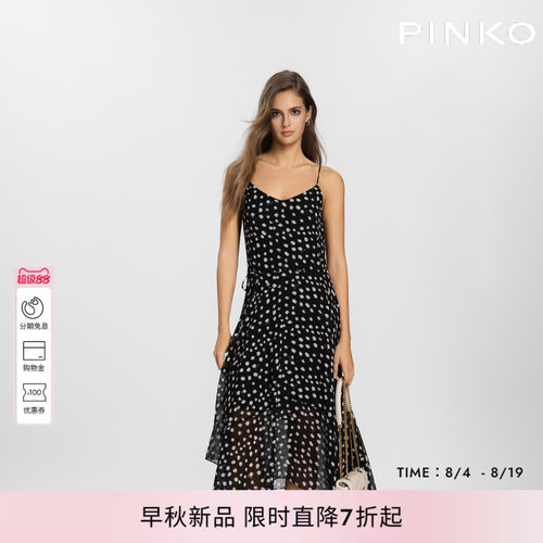 PINKO女士2026年夏季新款黑色波点吊带V领收腰连衣裙PEAF26170917