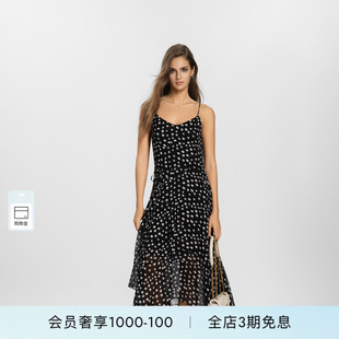 PINKO女士2026年夏季新款黑色波点吊带V领收腰连衣裙PEAF26170917