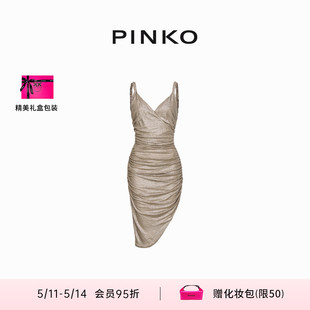 PINKO2024女装 修身 春夏新品 V领抽皱吊带连衣裙102793A1KE