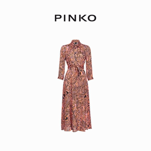 PINKO女士长袖条纹油画印花收腰系带气质长款连衣裙102834A1KD