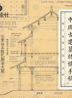 中国古代建筑手绘图手稿唐代宋代佛塔屋顶梁柱古建筑结构设计素材