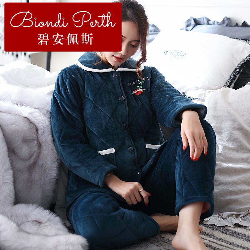 碧安佩斯睡衣女秋冬季珊瑚绒法兰绒加厚保暖歌瑞尔夹棉袄感