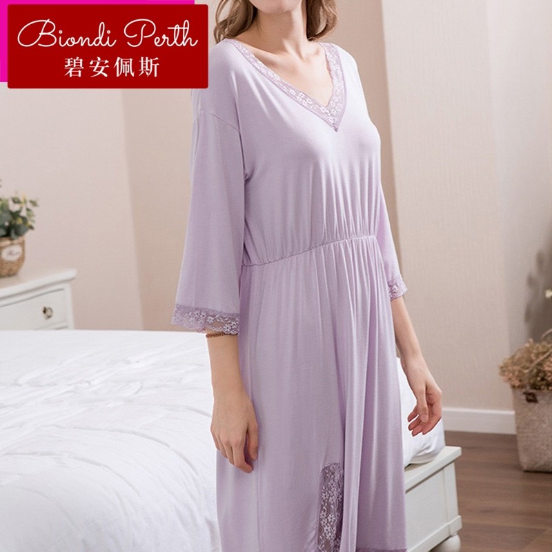 碧安佩斯睡衣女2018春季新款竹纤维睡裙色蕾丝家居服七分袖中裙