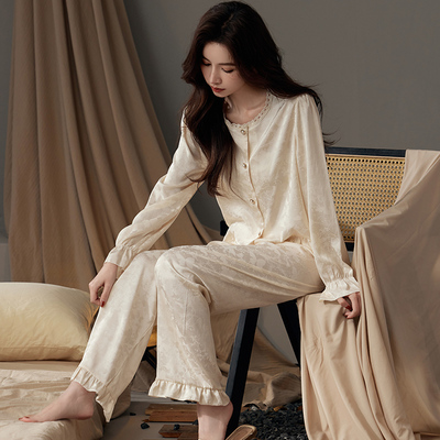 睡衣女款夏薄冰丝绸提花家居服高级感奶白长袖圆领套装小香风春秋