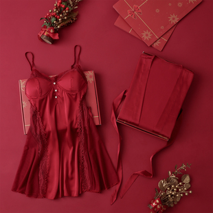 礼盒装睡衣女士2025新款防凸点带胸垫睡裙两件套红色新娘晨袍婚用