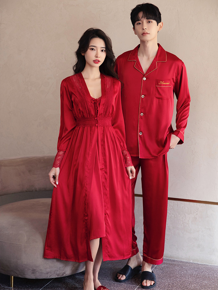 情侣睡衣春季和秋季红色新娘礼服礼服两件套男女家庭服装高端婚礼