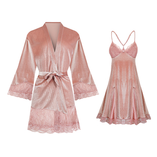 睡衣女款秋冬季美背吊带镂空蕾丝睡裙两件套秋冬季长袖睡袍纯欲风