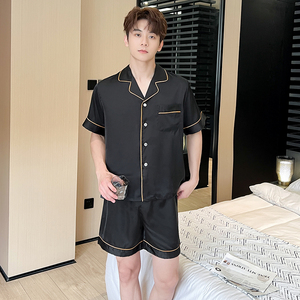 男士睡衣夏天薄款冰丝短袖短裤套装大码青年开衫家居服可外穿薄款
