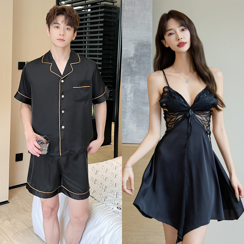 情侣睡衣女夏冰丝短袖套装男黑色冰丝家居服高级感蝴蝶睡裙带胸垫