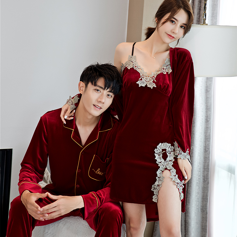 金丝绒带胸垫睡袍红色结婚家居服