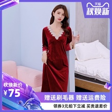 丝绒蕾丝睡裙大红色女可外穿家居服秋冬季 金丝绒睡衣女秋长袖 长款