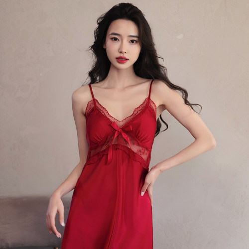 冰丝吊带睡裙女蕾丝镂空睡衣夏季