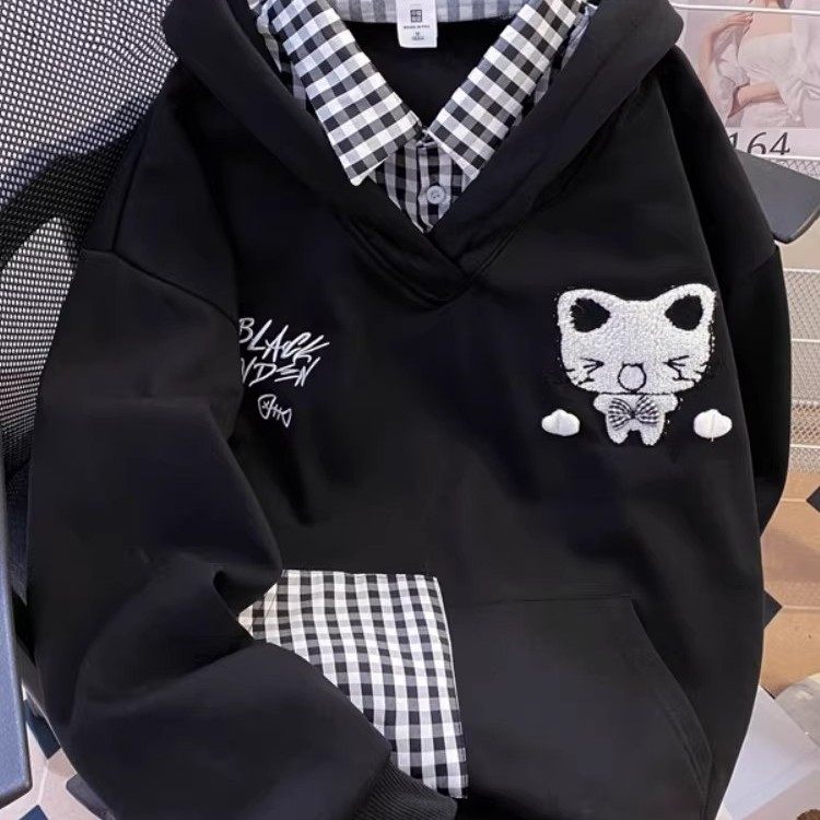 美式高街假两件刺绣连帽卫衣男女秋冬慵懒风格子拼接猫耳外套上衣,女装/女士精品,T恤,淘宝优惠券,粉丝福利购,淘宝优惠卷