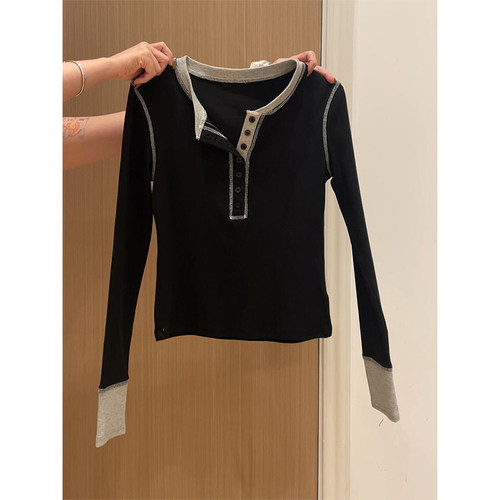 韩系撞色长袖磨毛T恤女2024