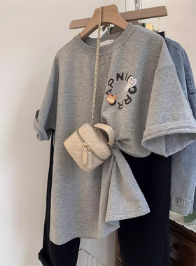 灰色纯棉正肩T恤女夏小众设计感印花短袖体恤小个子宽松潮牌上衣