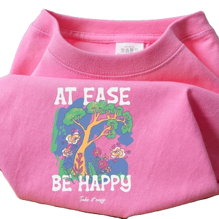 夏季流行这么穿~230g粉红色重磅圆领印花短袖t恤女纯棉时尚上衣男