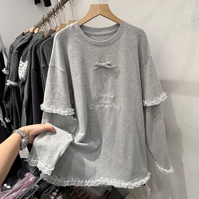 蝴蝶结蕾丝拼接加绒长袖T恤女