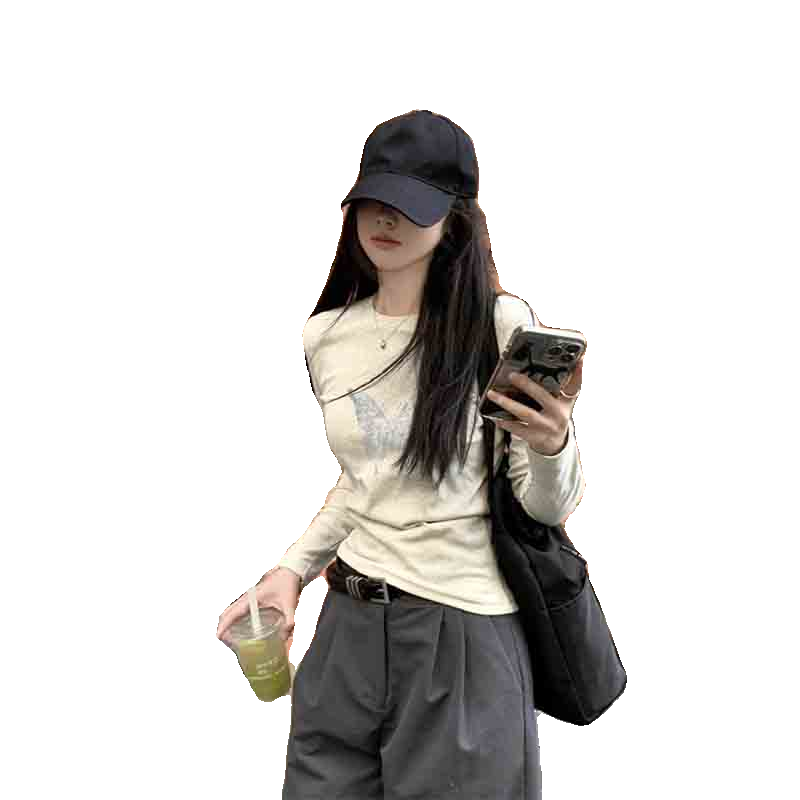 甜酷辣妹正肩蝴蝶印花长袖T恤女2023早秋修身显瘦内搭打底衫上衣