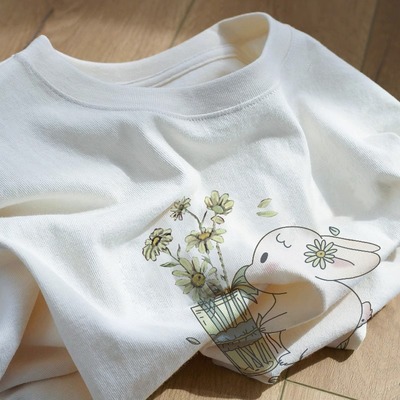 日系复古兔子印花纯棉短袖t恤女夏季设计感小众宽松学生半袖上衣