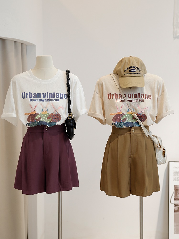 日系港味兔子印花纯棉短袖t恤女夏季设计感小众宽松学生半袖上衣