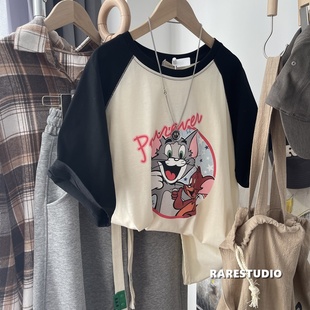 春夏新款 棉T恤女港味上衣服 韩国插肩袖 卡通漫画休闲宽松百搭短袖