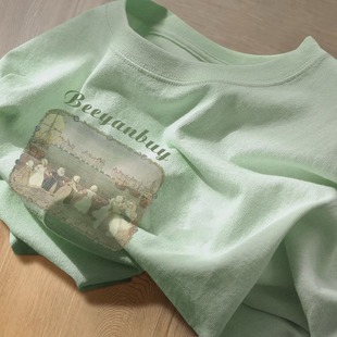 日系复古纯棉短袖 2023新款 T恤女夏季 设计感小众宽松chic港味上衣