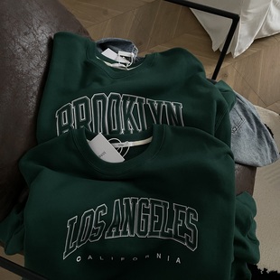 美式复古字母宽松深绿色圆领卫衣女秋冬韩版加绒加厚外套百搭上衣