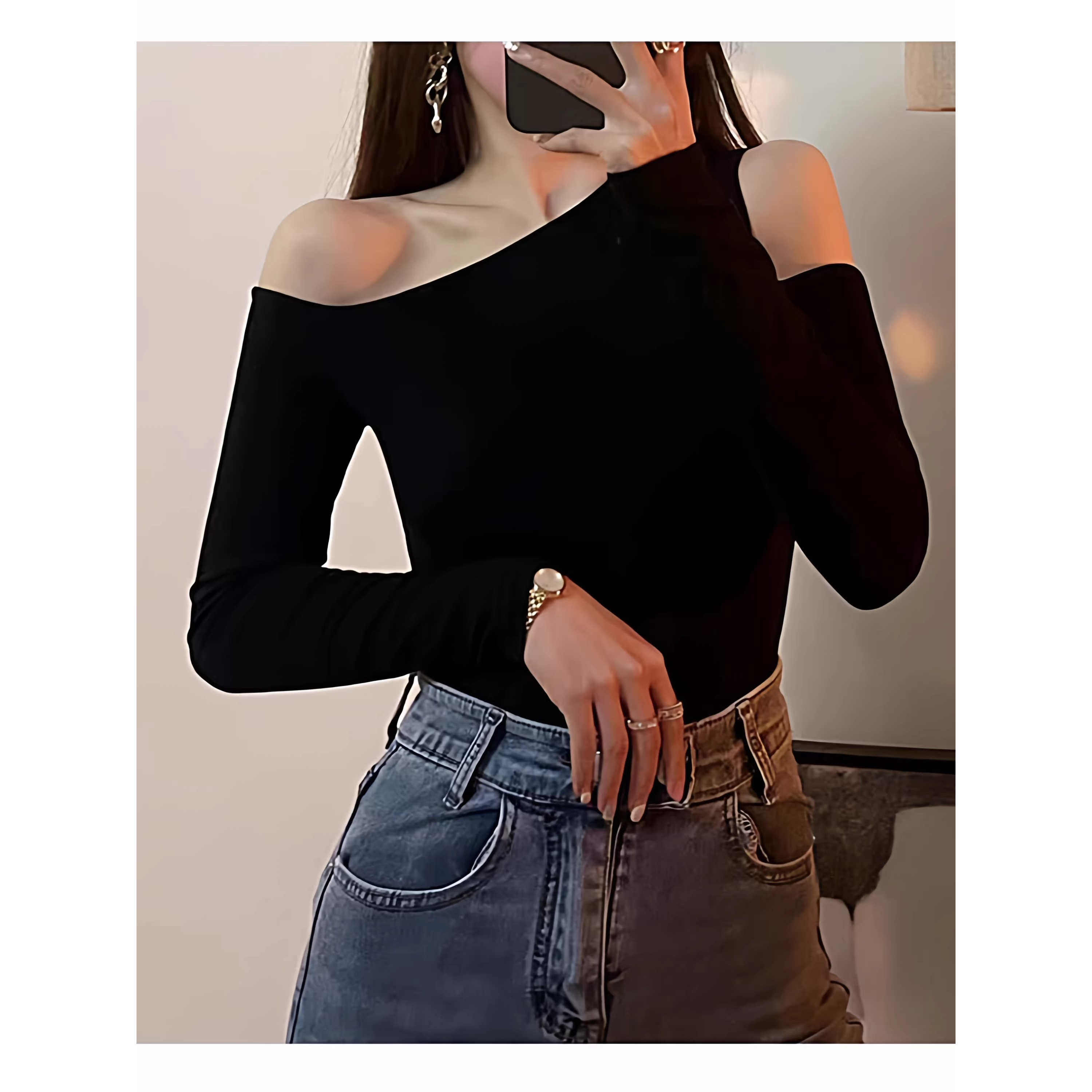 春秋新款黑色修身斜肩长袖T恤女露肩上衣设计感小众不规则打底衫,女装/女士精品,T恤,淘宝优惠券,粉丝福利购,淘宝优惠卷