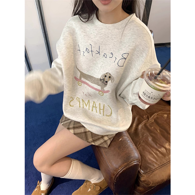 美式印花小狗圆领套头卫衣秋冬